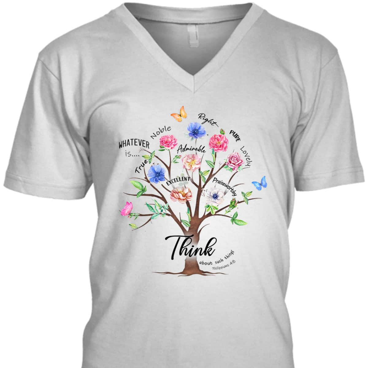 Jesus Flower Butterfly Think About Such Things Philippians 48 Bible Verse Religious T-Shirt