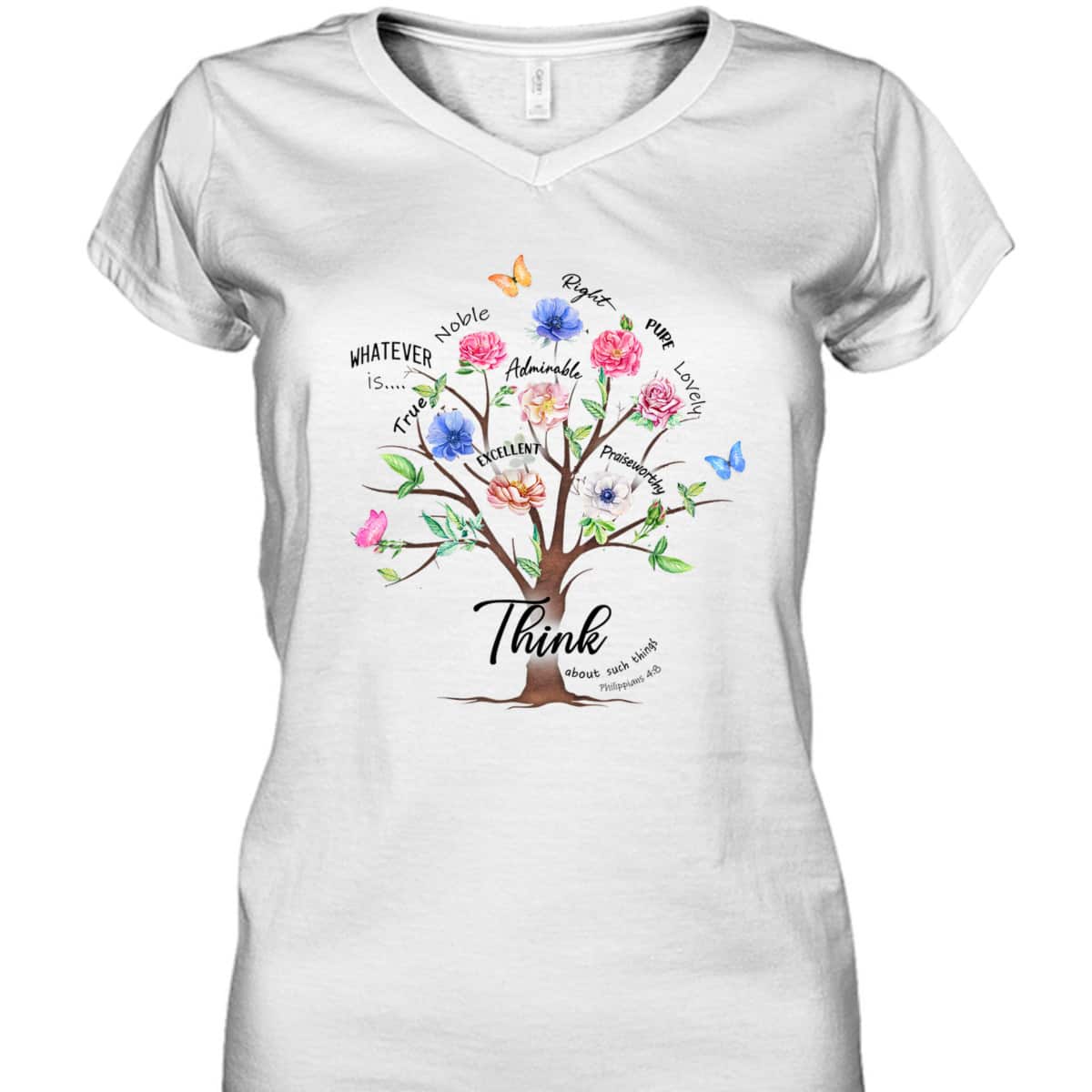 Jesus Flower Butterfly Think About Such Things Philippians 48 Bible Verse Religious T-Shirt