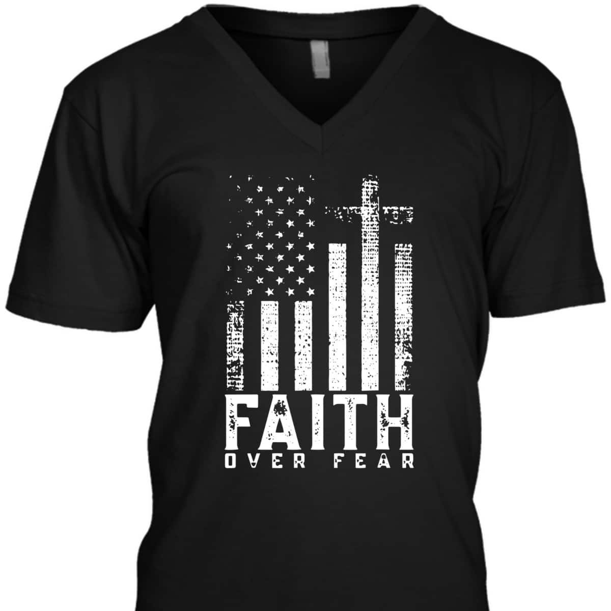 Faith Over Fear T-Shirt Cool Christian Cross With American USA Flag Faith Over Fear T-Shirt Cool Christian Cross With American USA Flag
