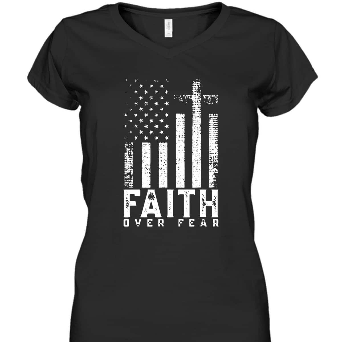 Faith Over Fear T-Shirt Cool Christian Cross With American USA Flag