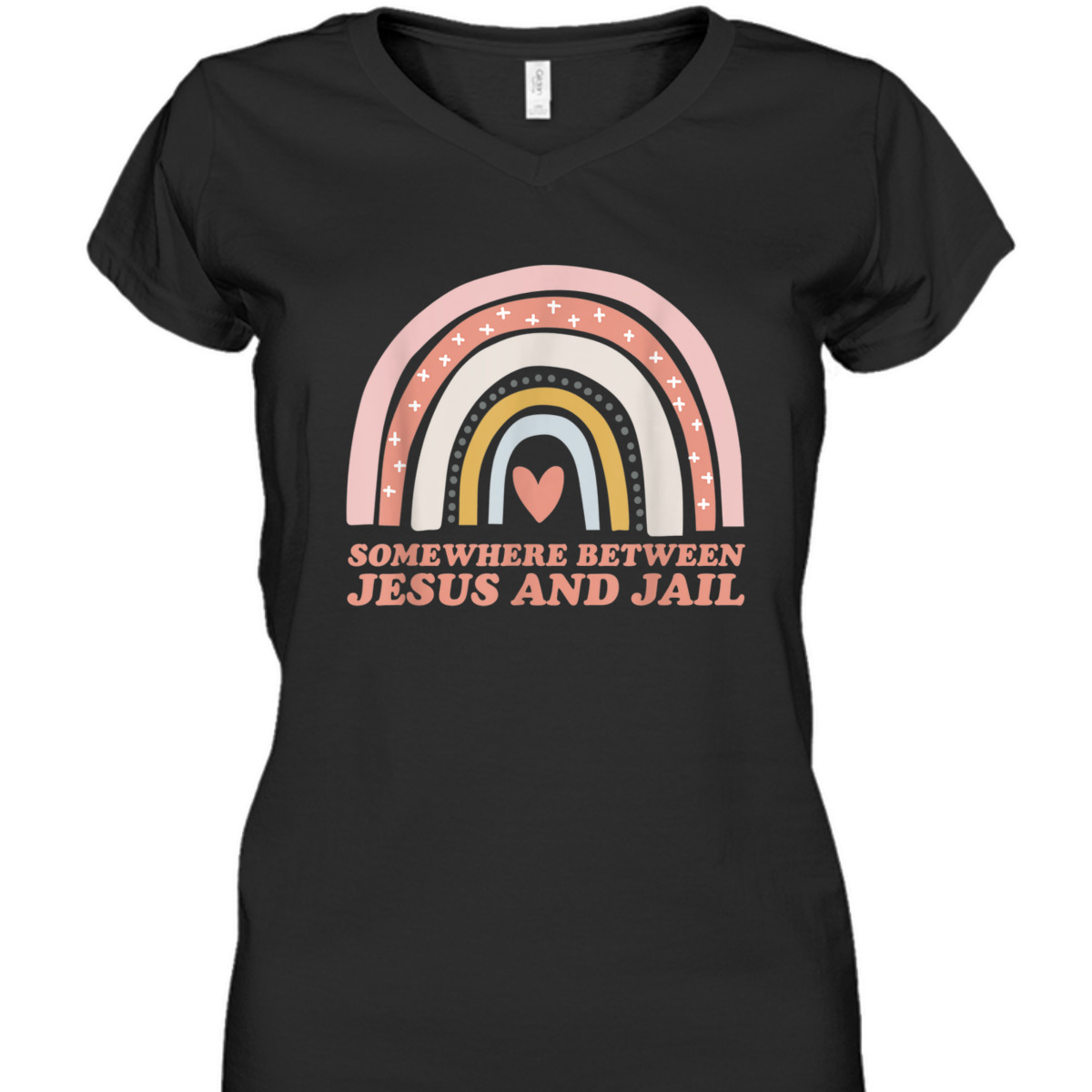 Somewhere Between Jesus And Jail Funny Christian Rainbow T-Shirt