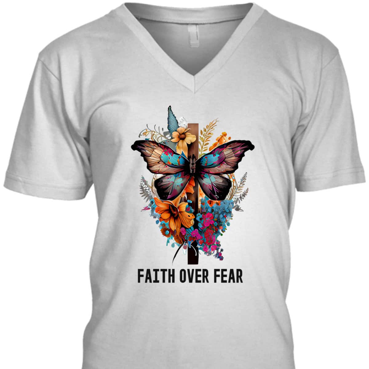 Faith Over Fear T-Shirt Floral Christian Cross Butterfly Faith Over Fear T-Shirt Floral Christian Cross Butterfly