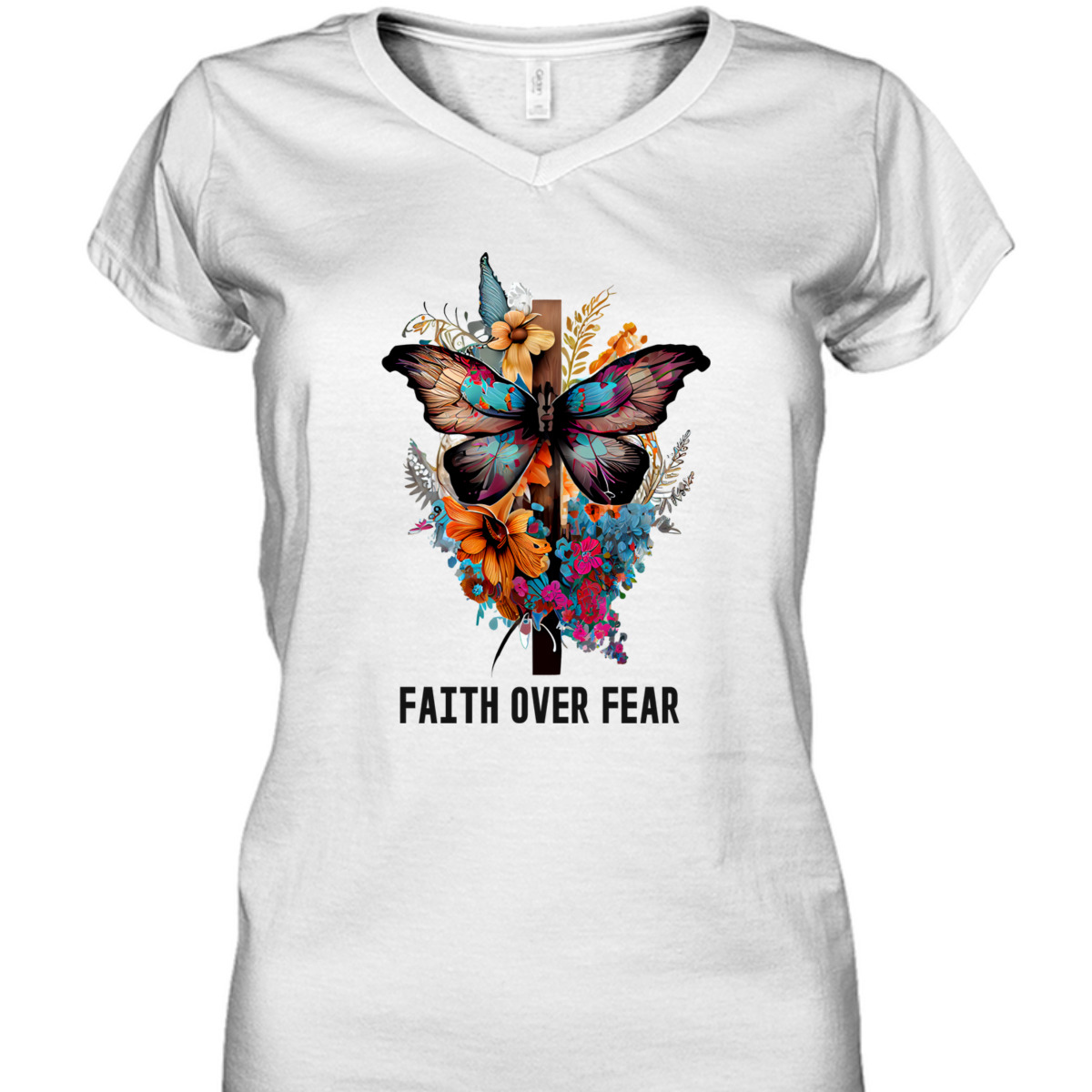 Faith Over Fear T-Shirt Floral Christian Cross Butterfly Faith Over Fear T-Shirt Floral Christian Cross Butterfly