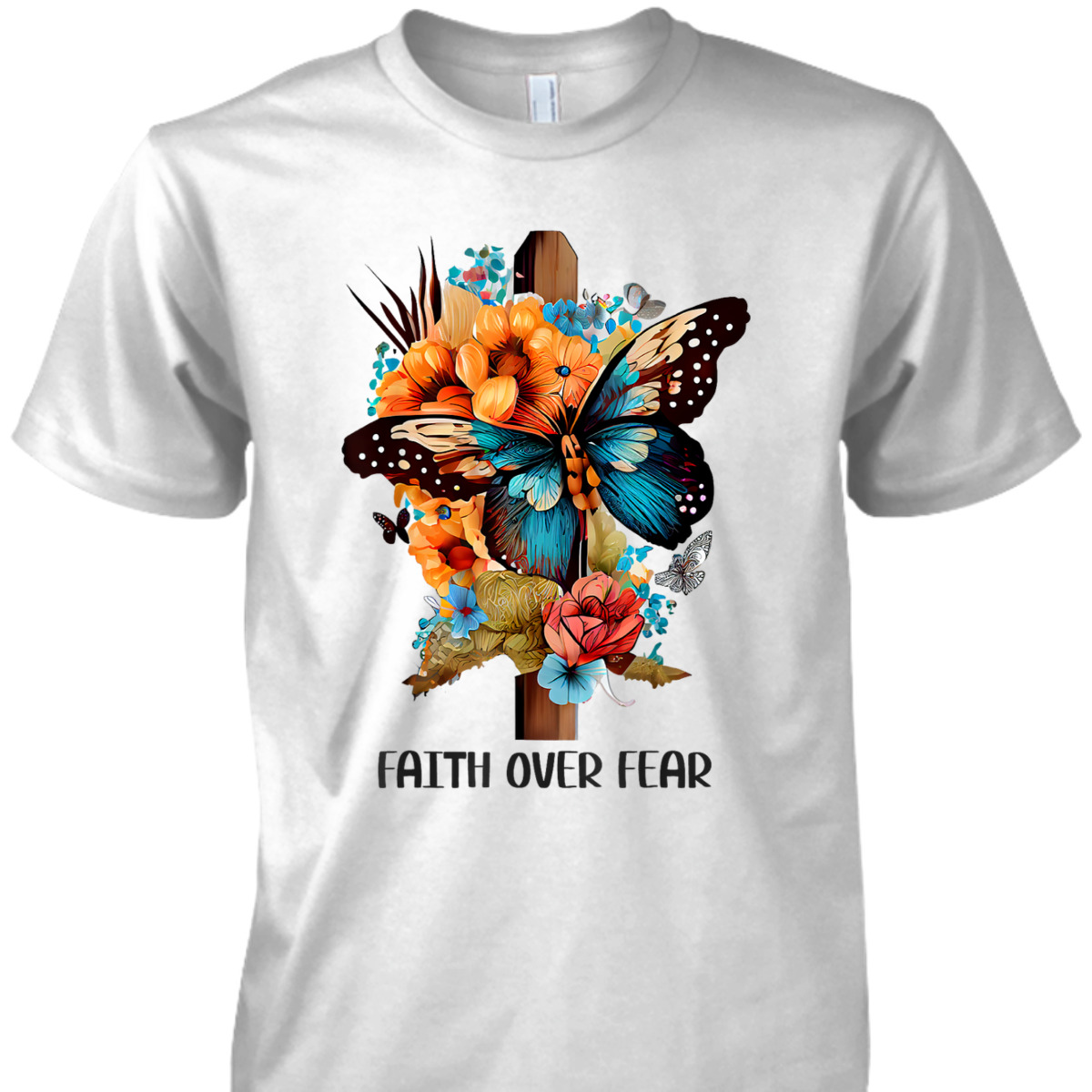 Christian Cross Faith Over Fear T-Shirt Butterfly Floral Flowers Religious Gift