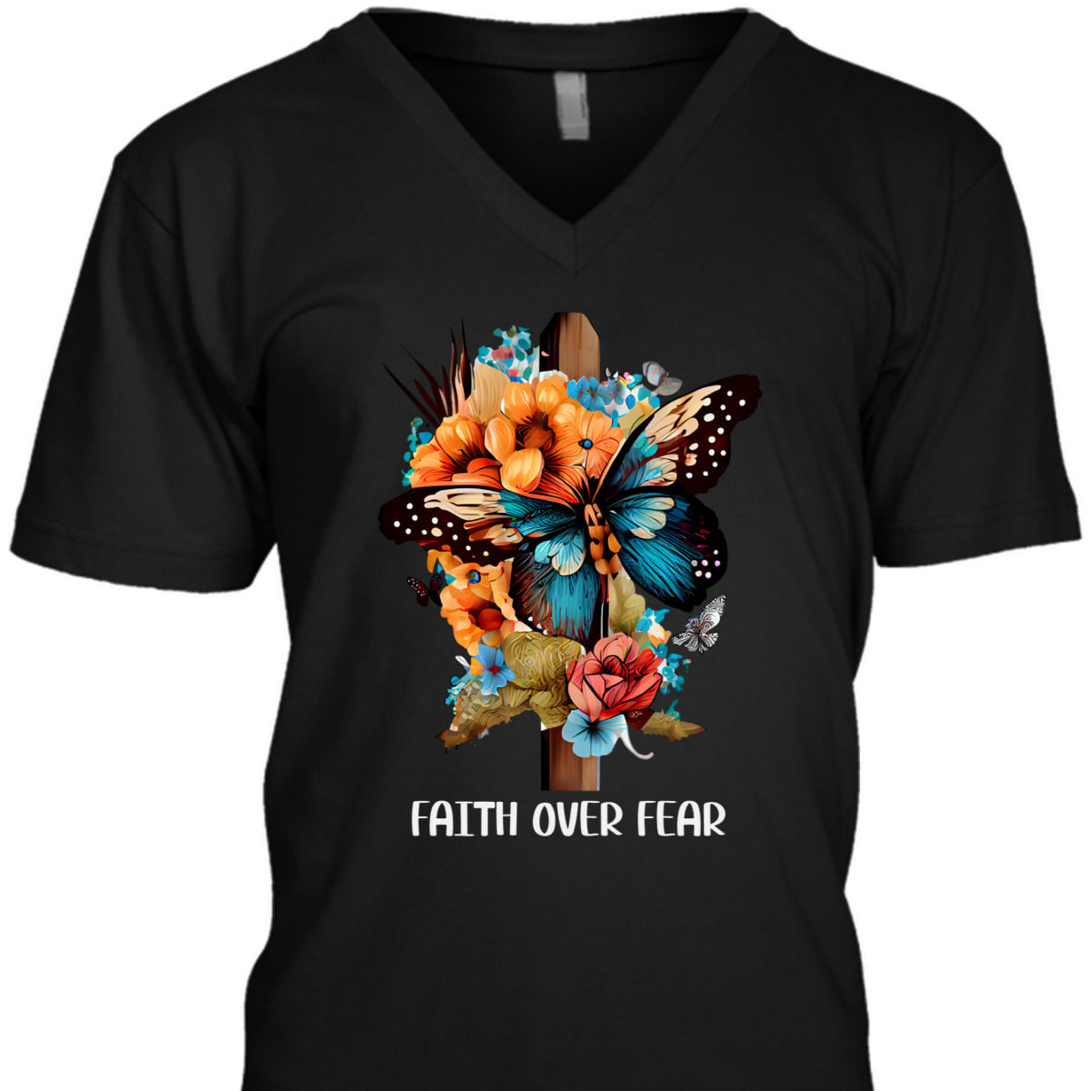 Faith Over Fear Christian Cross Butterfly Flowers Floral T-Shirt