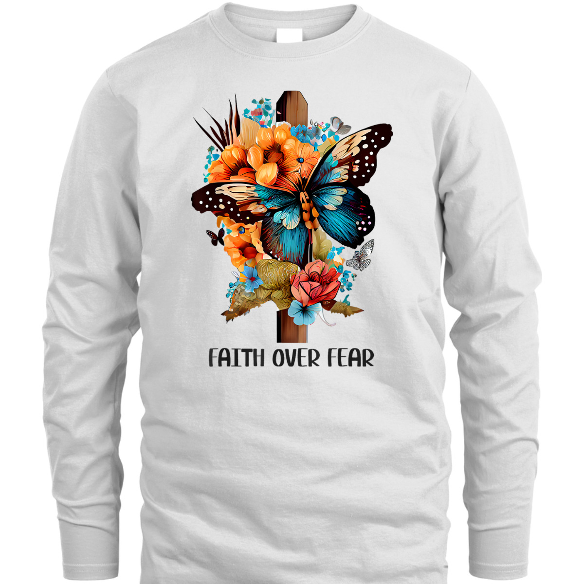 Christian Cross Faith Over Fear T-Shirt Butterfly Floral Flowers Religious Gift Christian Cross Faith Over Fear T-Shirt Butterfly Floral Flowers Religious Gift