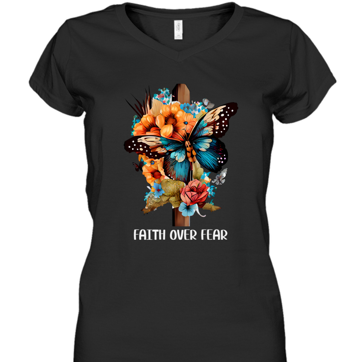 Faith Over Fear Christian Cross Butterfly Flowers Floral T-Shirt