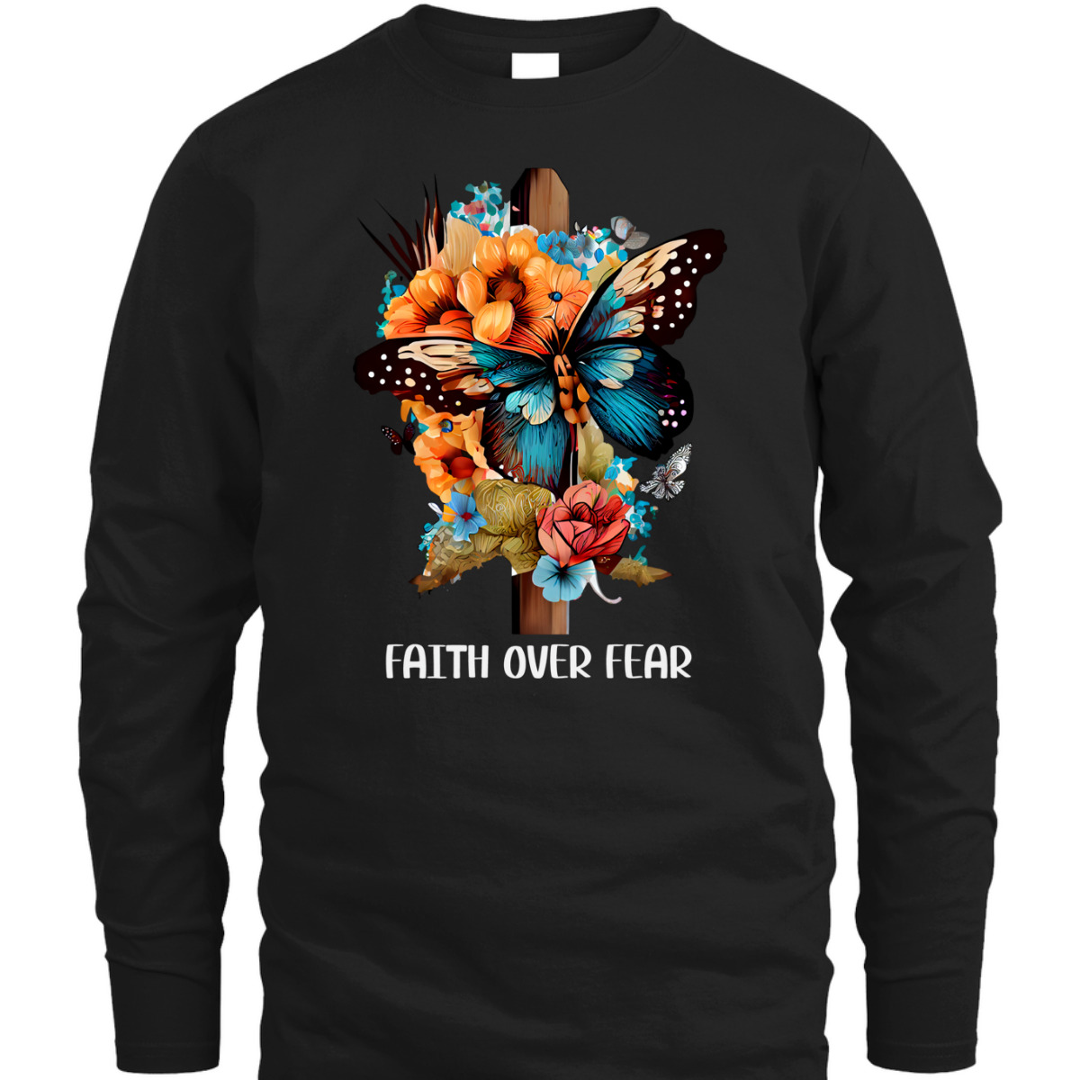 Faith Over Fear Christian Cross Butterfly Flowers Floral T-Shirt