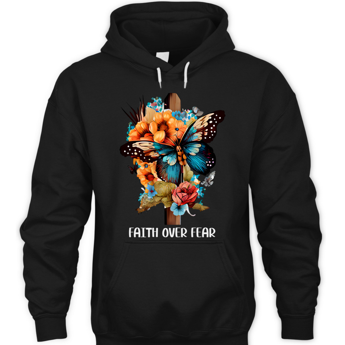 Faith Over Fear Christian Cross Butterfly Flowers Floral T-Shirt