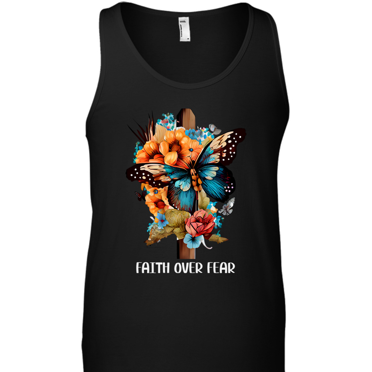 Faith Over Fear Christian Cross Butterfly Flowers Floral T-Shirt