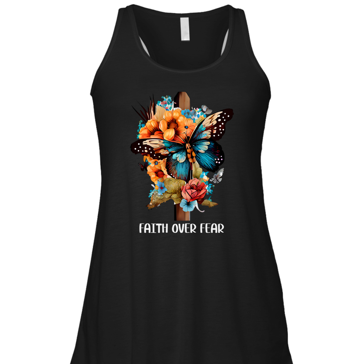 Faith Over Fear Christian Cross Butterfly Flowers Floral T-Shirt