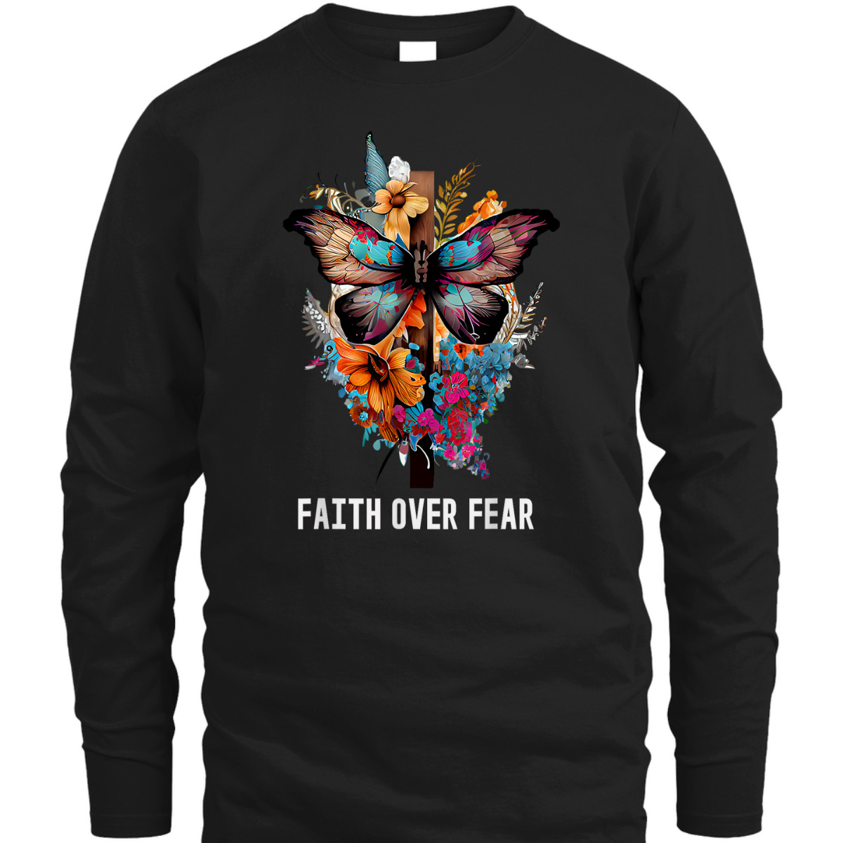 Christian Faith Over Fear T-Shirt Butterfly Cross Religious Gift