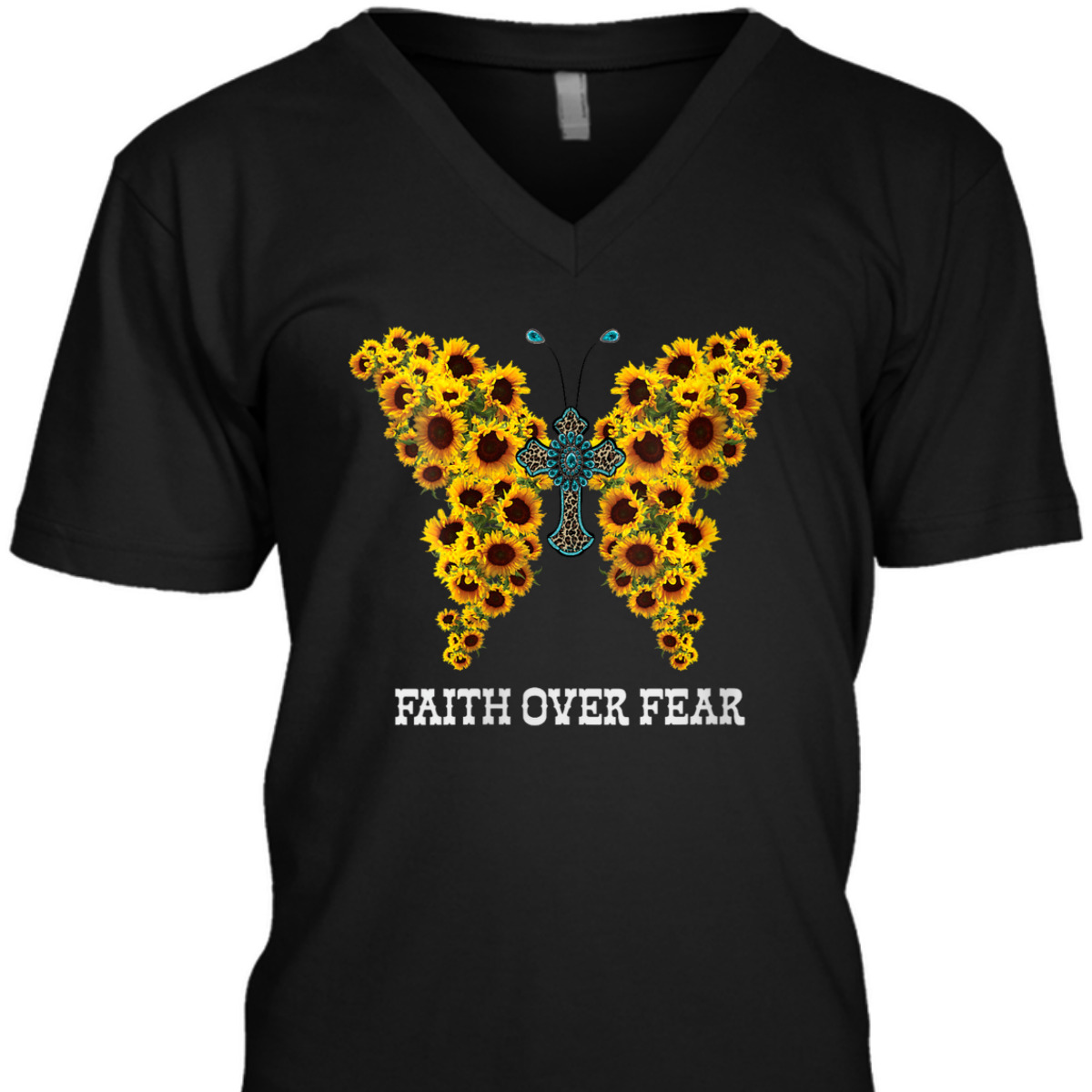 Faith Over Fear Sunflower Butterfly Christian Cross T-Shirt
