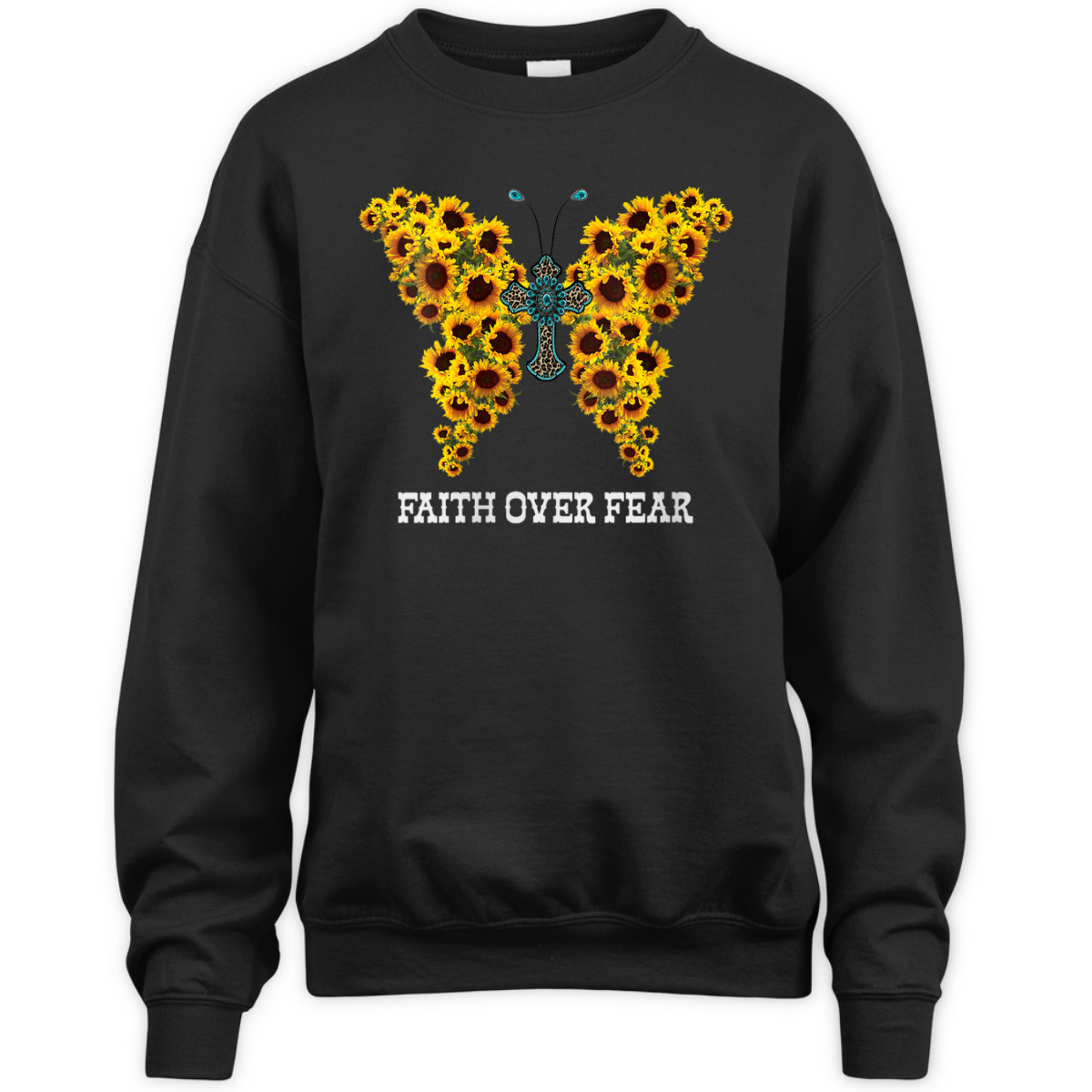 Faith Over Fear Sunflower Butterfly Christian Cross T-Shirt