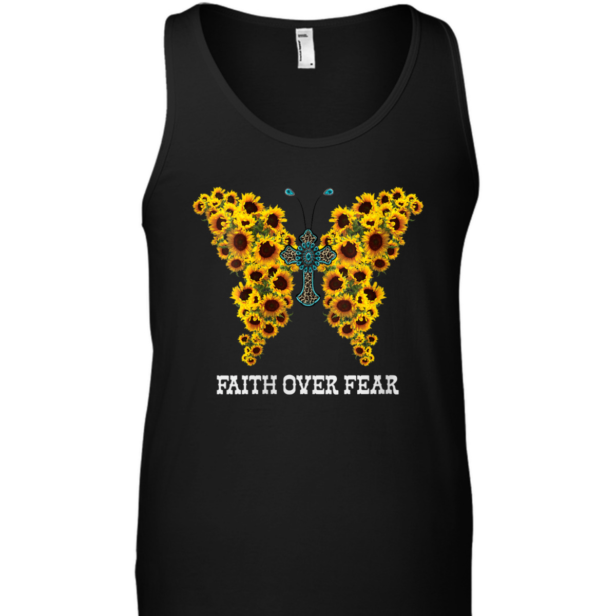 Faith Over Fear Sunflower Butterfly Christian Cross T-Shirt