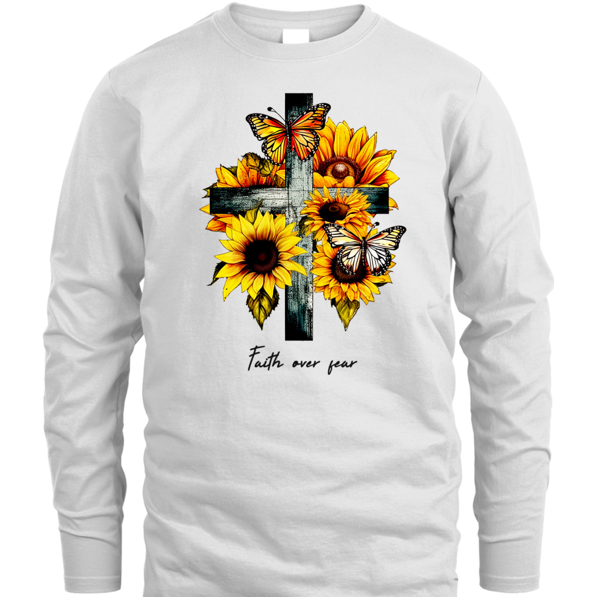 Faith Over Fear T-Shirt Christian Cross Sunflowers Butterflies Faith Over Fear T-Shirt Christian Cross Sunflowers Butterflies