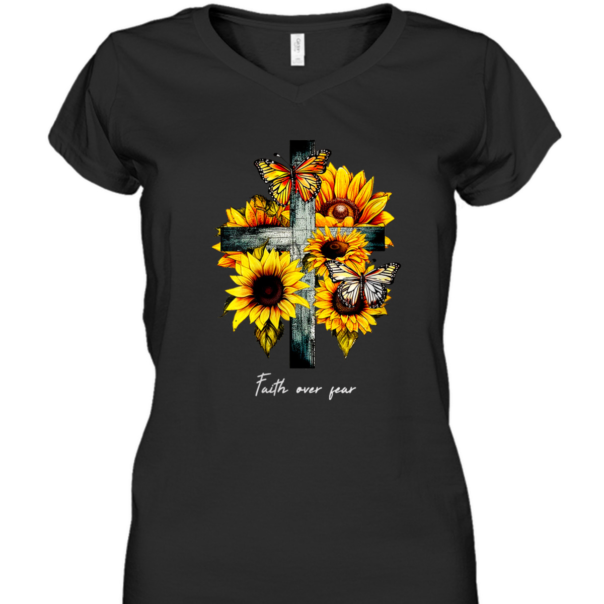 Christian Cross Faith Over Fear T-Shirt Sunflowers Butterflies Christian Cross Faith Over Fear T-Shirt Sunflowers Butterflies
