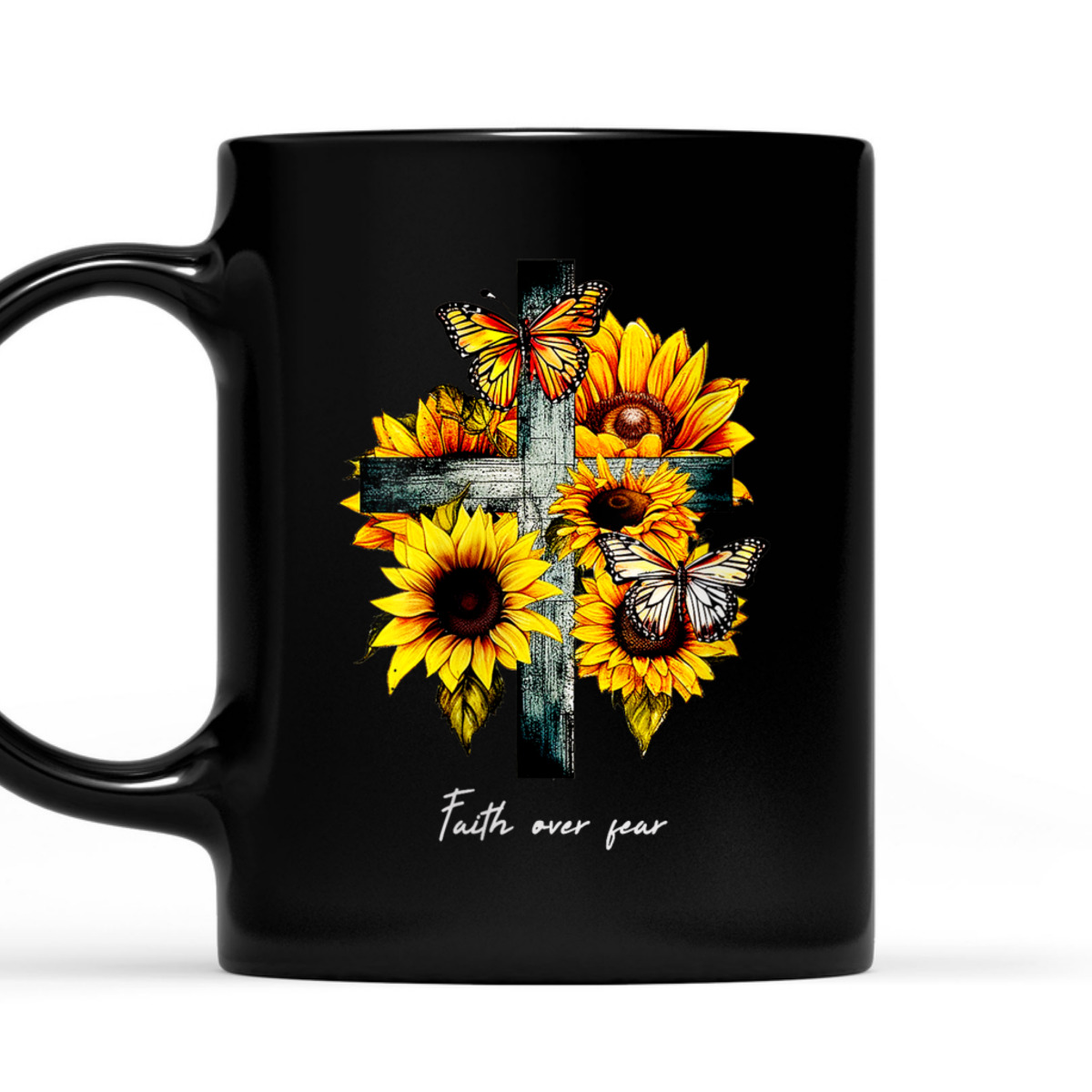 Christian Cross Faith Over Fear T-Shirt Sunflowers Butterflies Christian Cross Faith Over Fear T-Shirt Sunflowers Butterflies