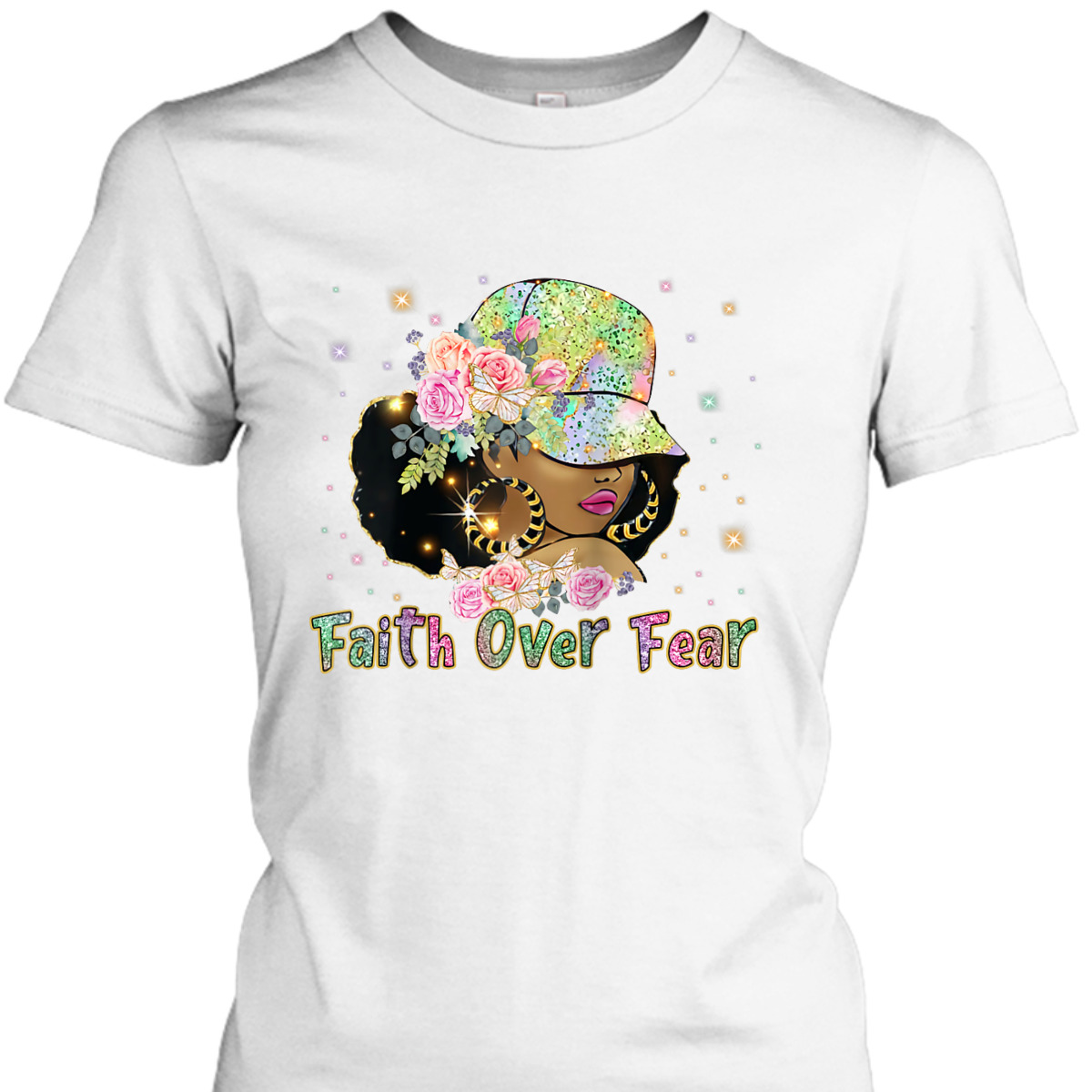 Black Woman Afro Melanin Christian Faith African American Faith Over Fear T-Shirt