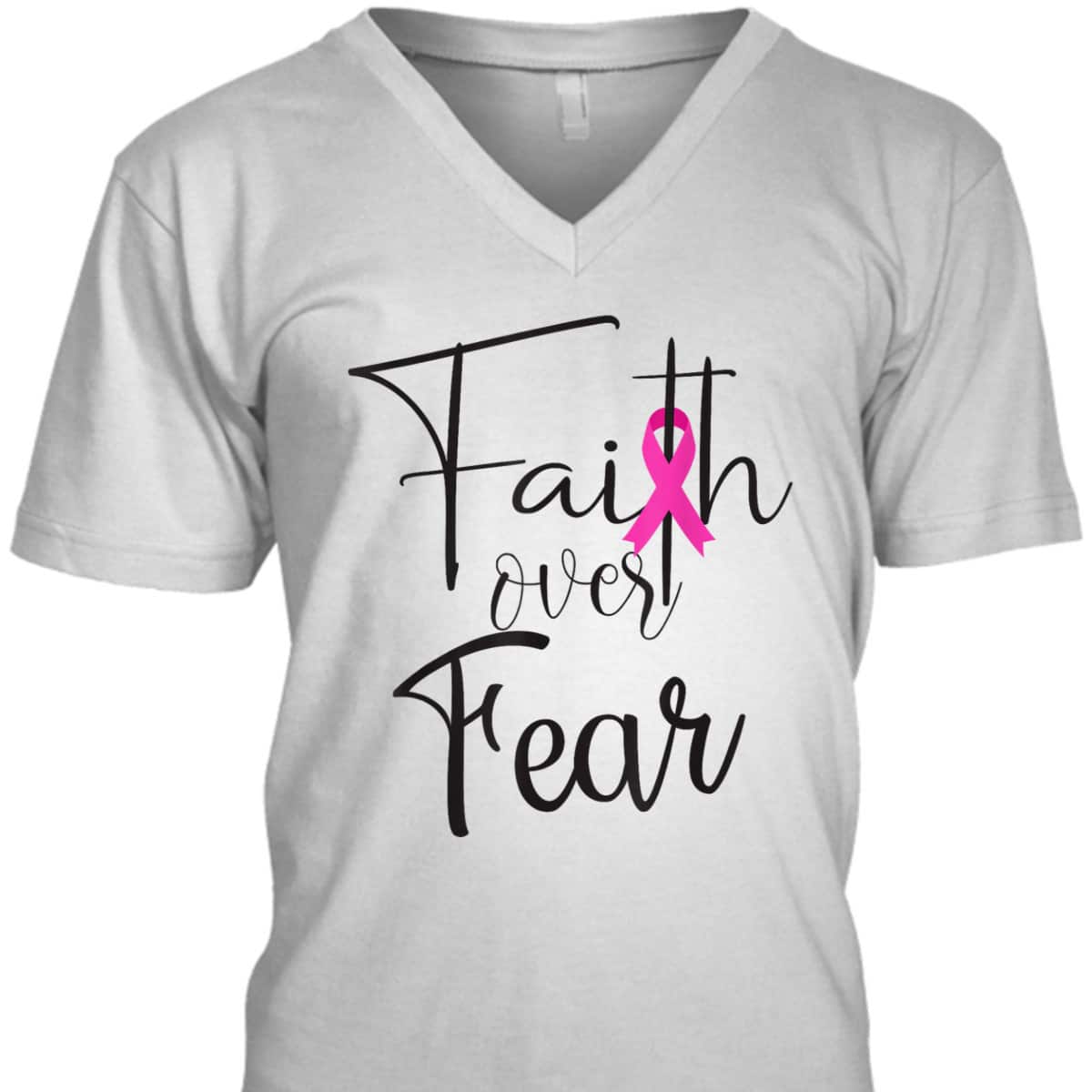 Christian Faith Over Fear Pink Ribbon Breast Cancer Support T-Shirt