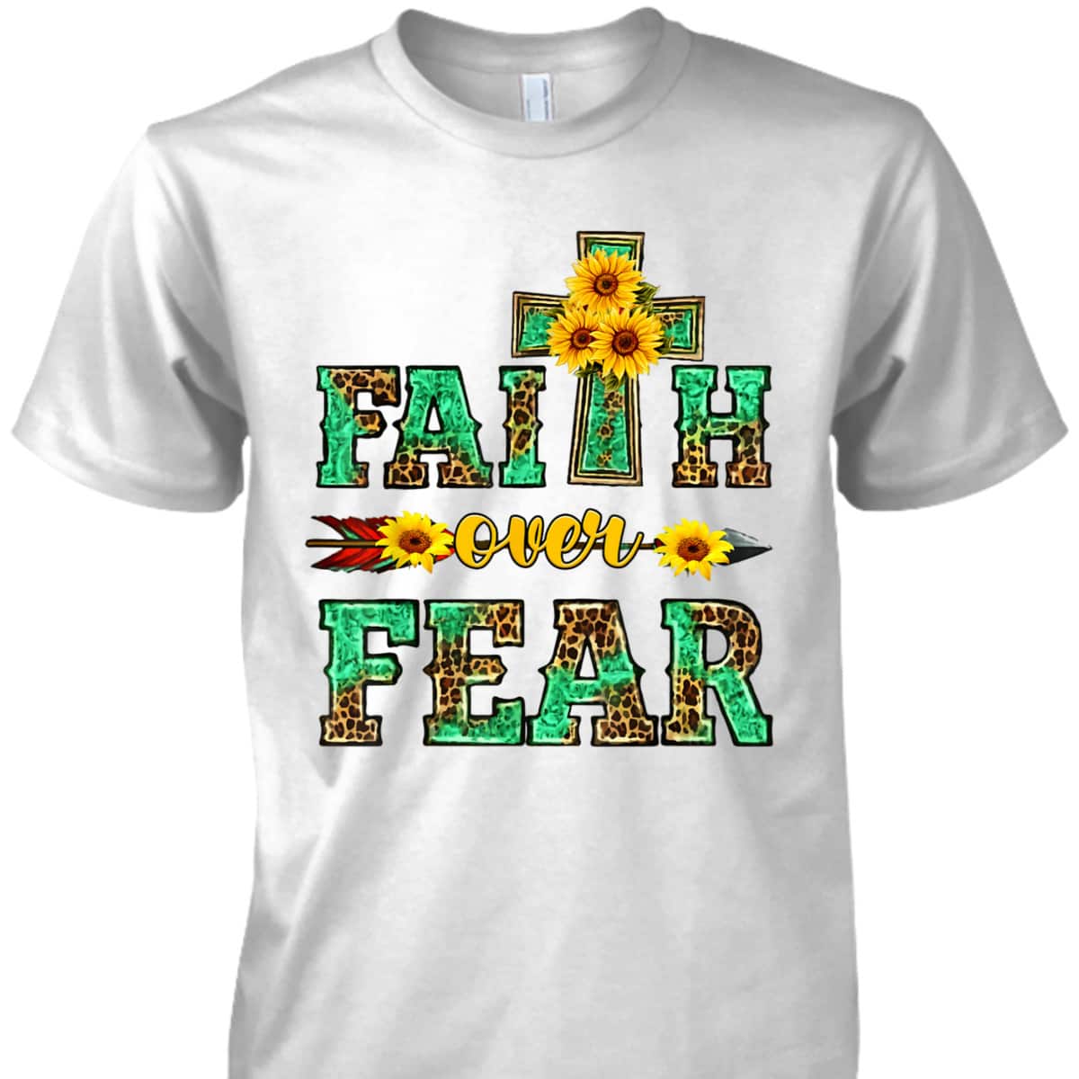 Leopard Sunflower Cross Faith Over Fear Christian Religious T-Shirt