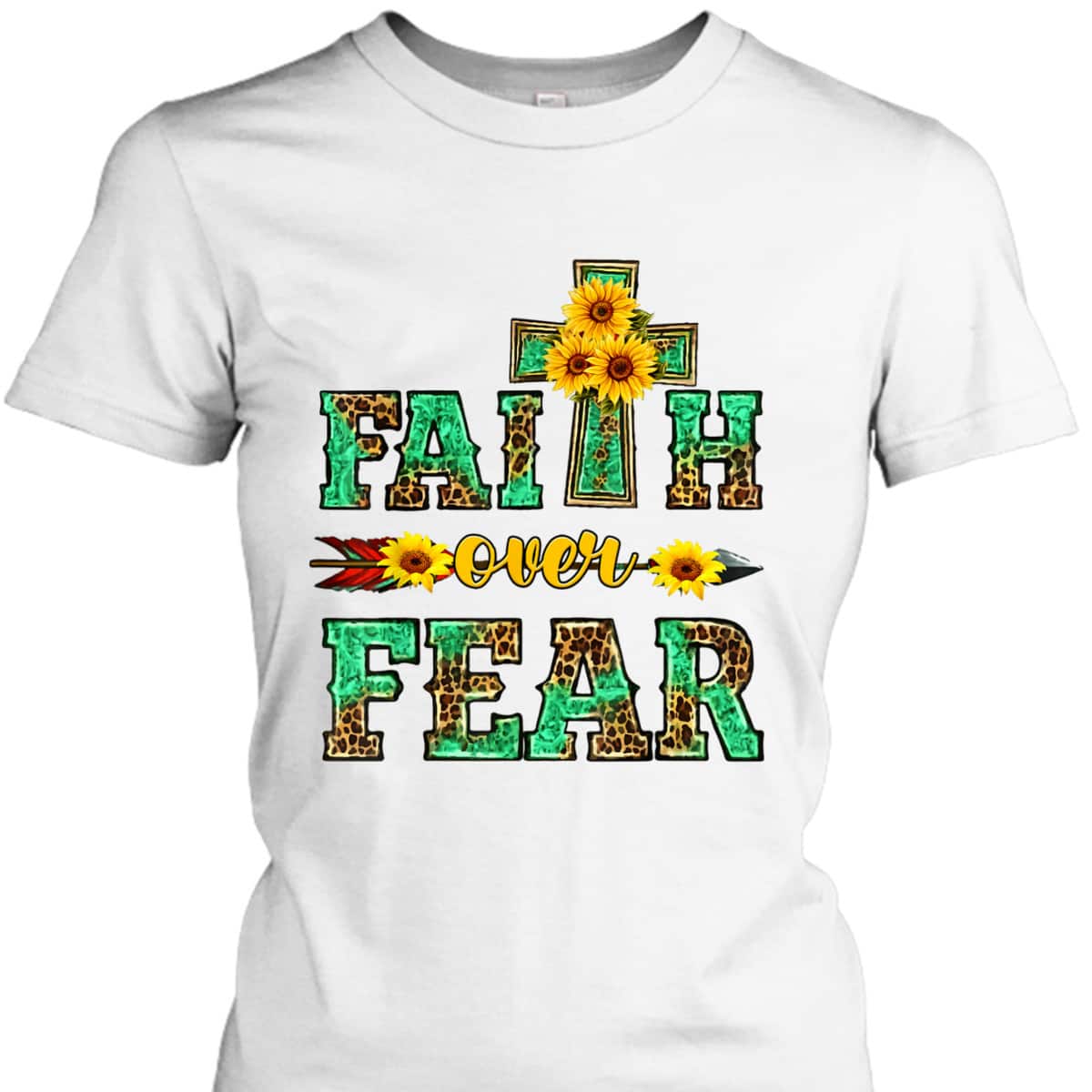 Leopard Sunflower Cross Faith Over Fear Christian Religious T-Shirt Leopard Sunflower Cross Faith Over Fear Christian Religious T-Shirt