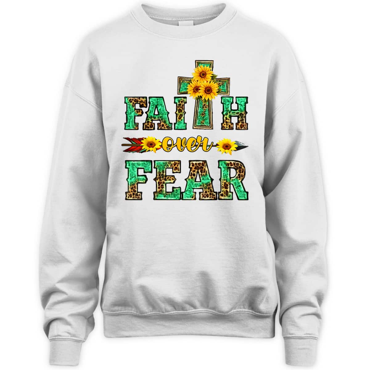 Leopard Sunflower Cross Faith Over Fear Christian Religious T-Shirt