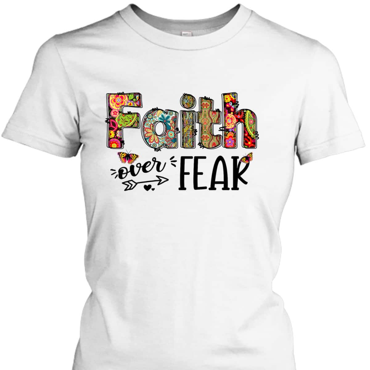 Leopard Floral Cross Faith Over Fear Christian Religious T-Shirt