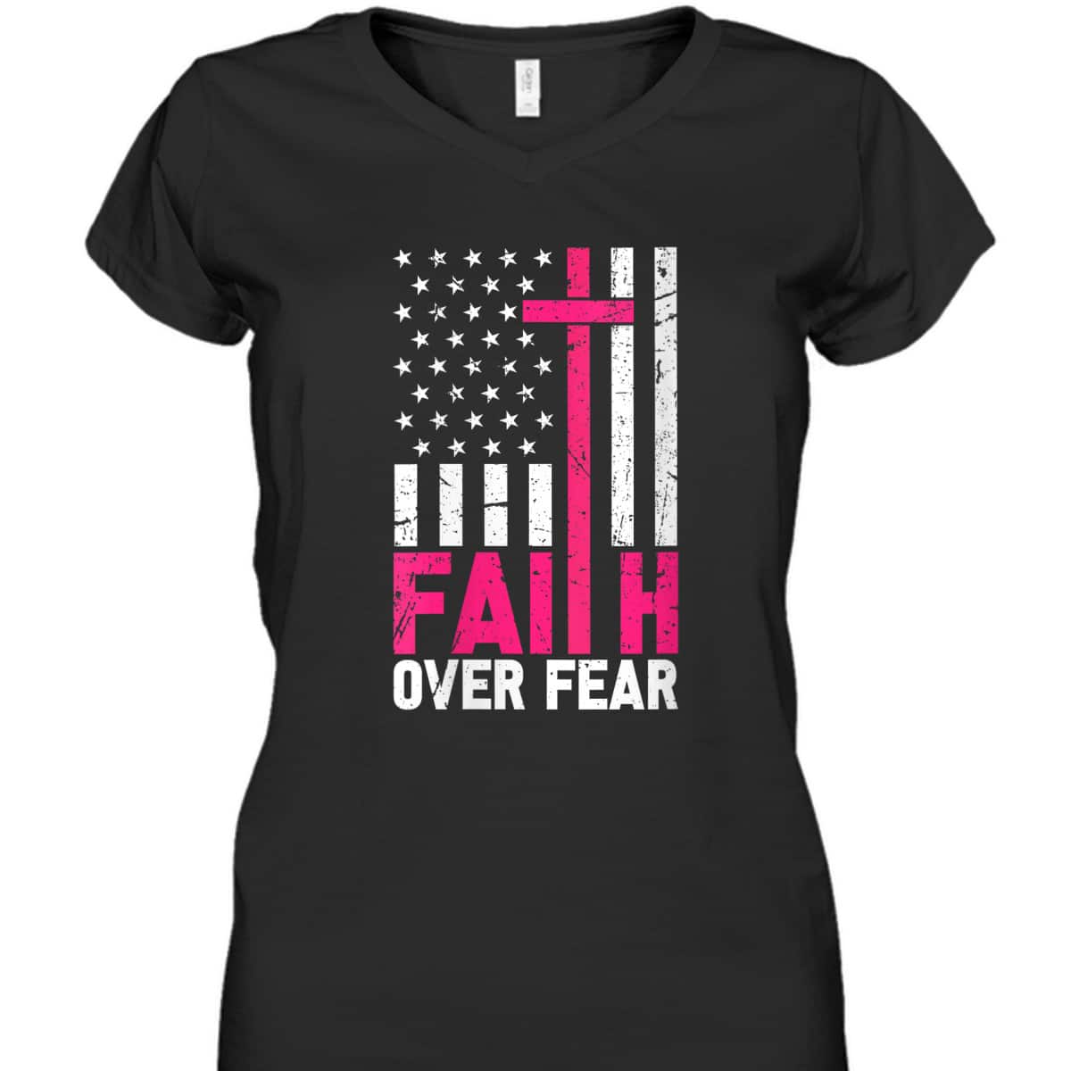 American Flag Pink Breast Cancer Awareness Faith Over Fear T-Shirt