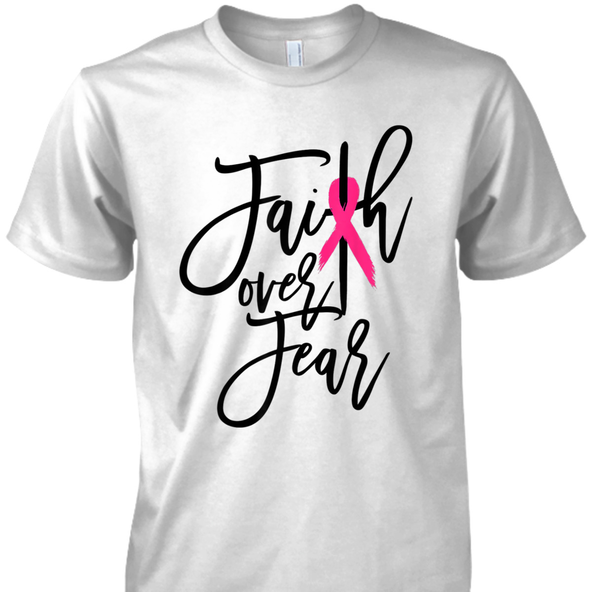 Pink Ribbon Christian Cross Faith Over Fear Breast Cancer Awareness T-Shirt