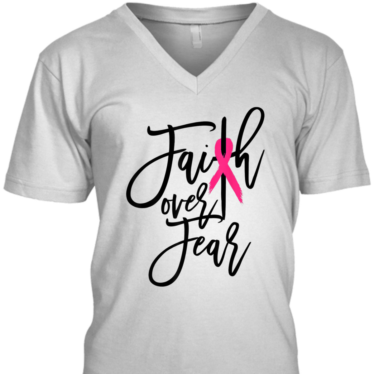 Pink Ribbon Christian Cross Faith Over Fear Breast Cancer Awareness T-Shirt