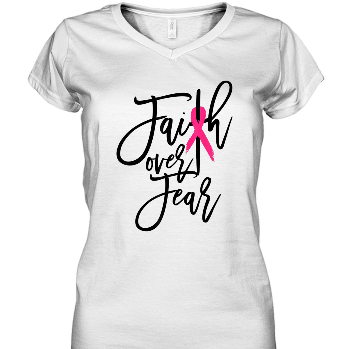 Pink Ribbon Christian Cross Faith Over Fear Breast Cancer Awareness T-Shirt