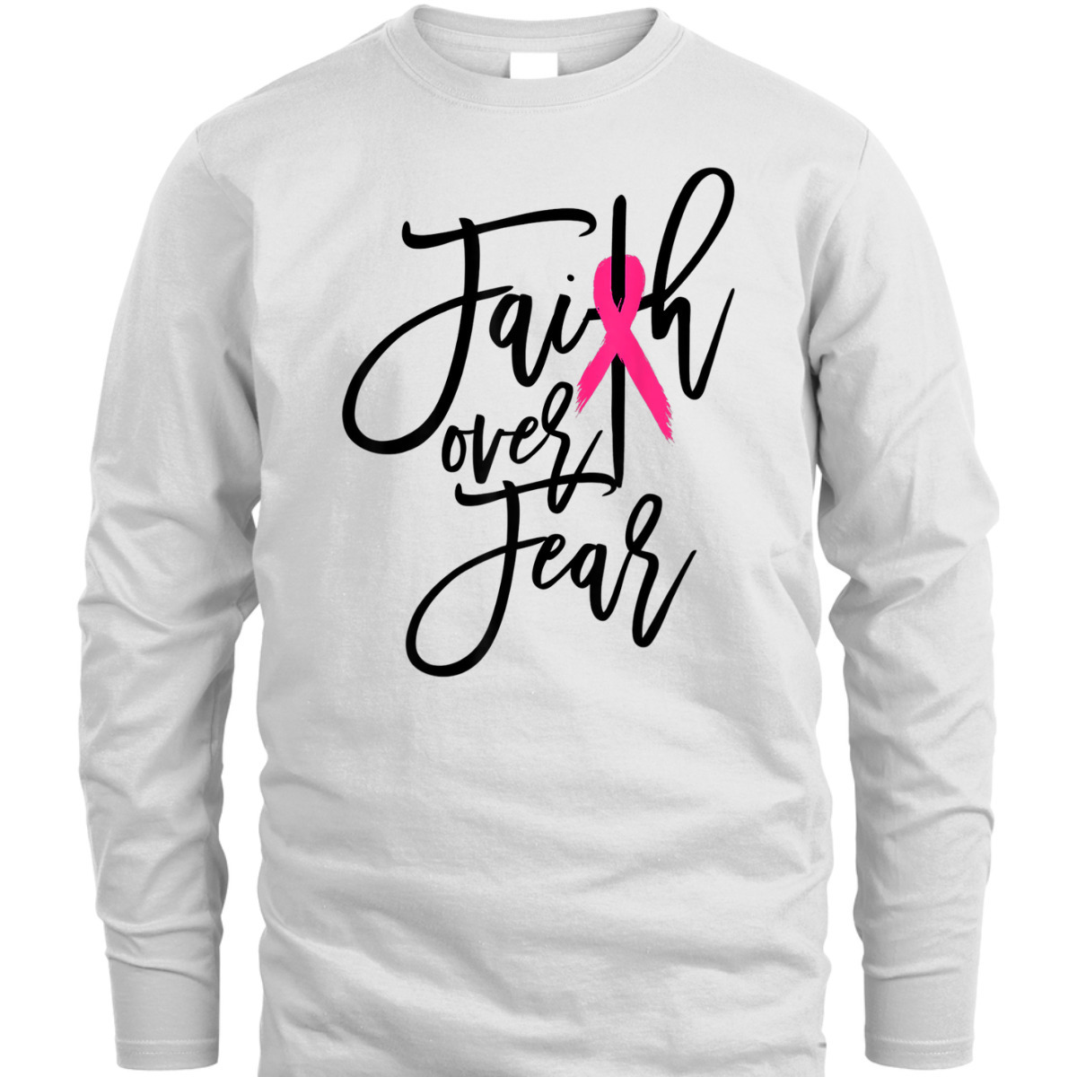 Pink Ribbon Christian Cross Faith Over Fear Breast Cancer Awareness T-Shirt