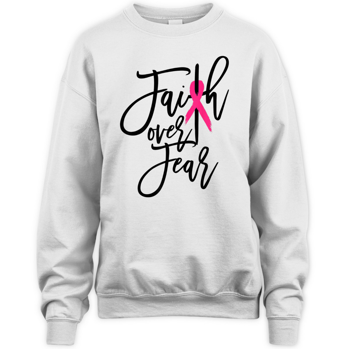Pink Ribbon Christian Cross Faith Over Fear Breast Cancer Awareness T-Shirt