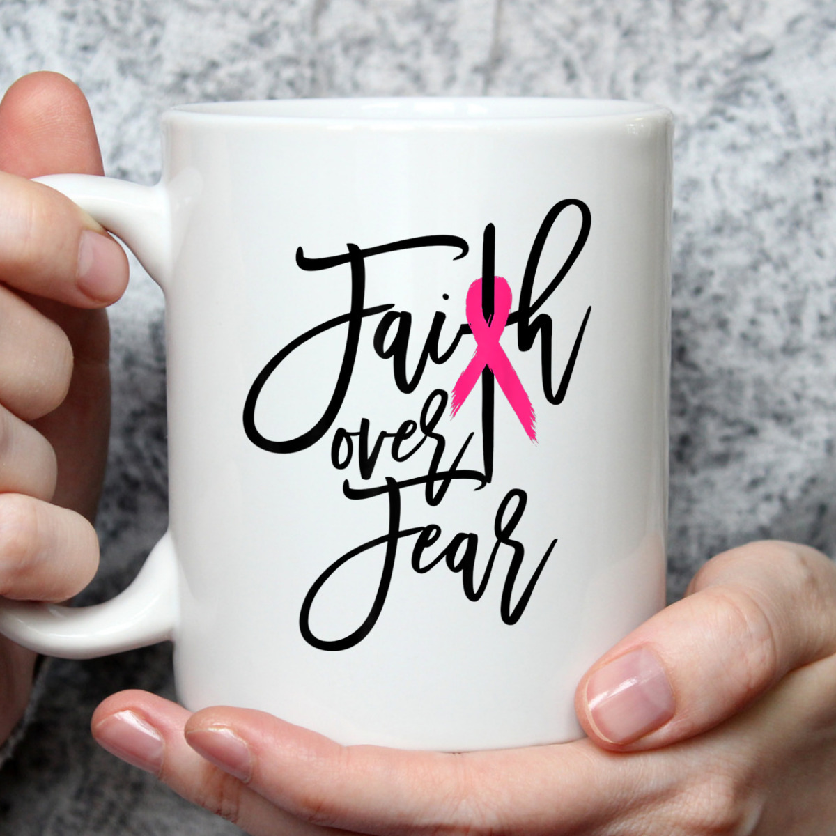 Pink Ribbon Christian Cross Faith Over Fear Breast Cancer Awareness T-Shirt