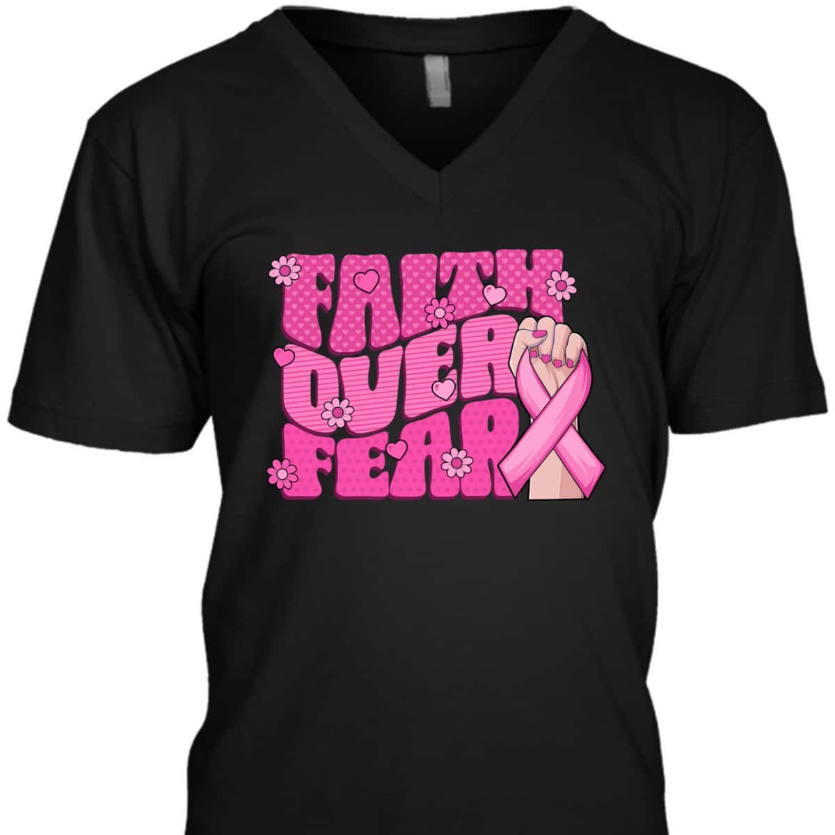 Breast Cancer Awareness Faith Over Fear Pink Ribbon T-Shirt