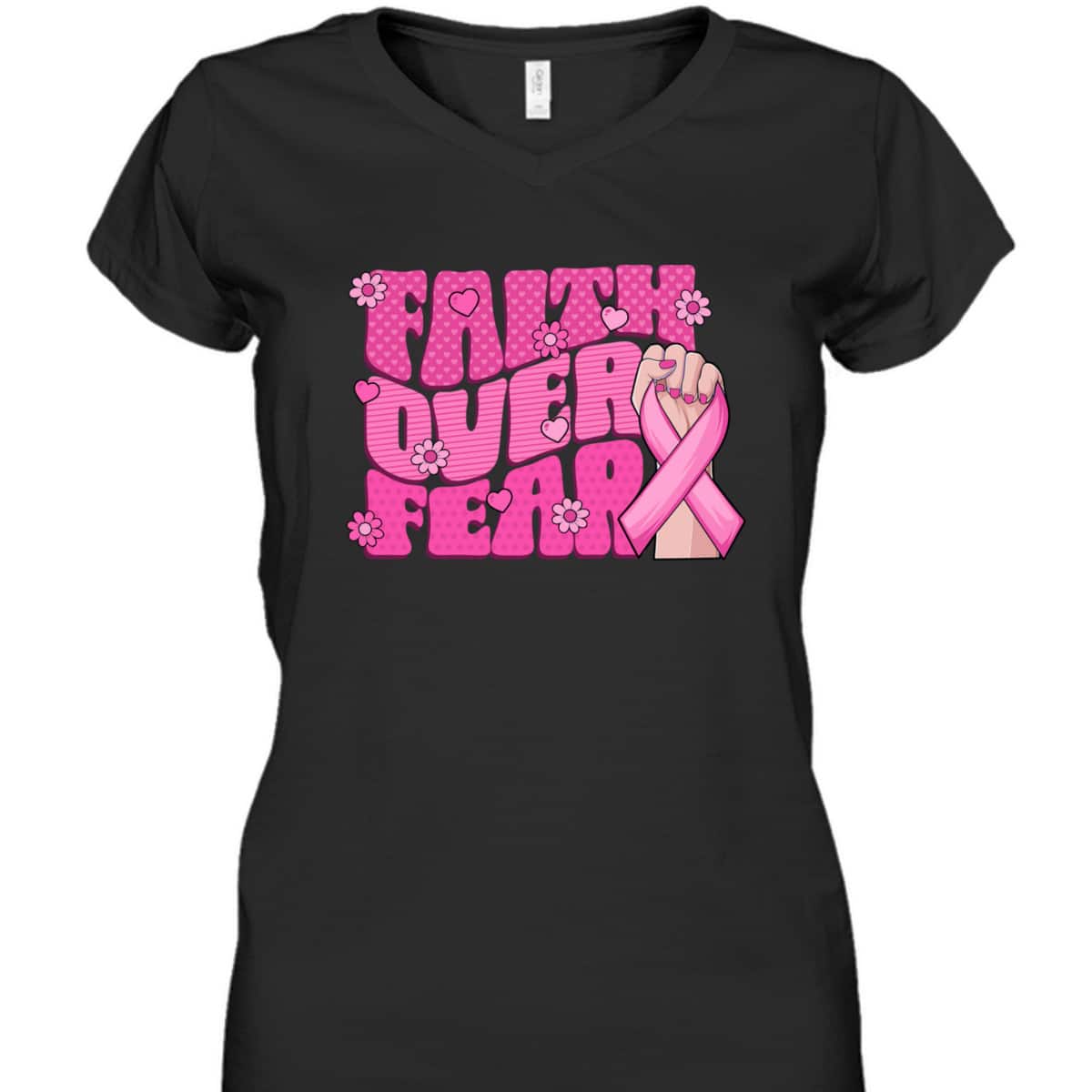 Breast Cancer Awareness Faith Over Fear Pink Ribbon T-Shirt