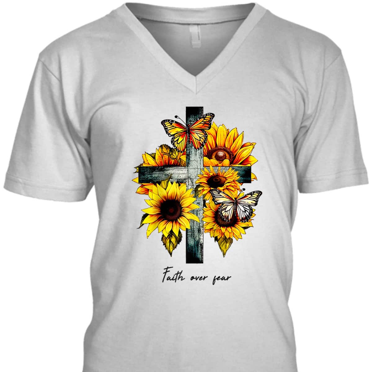 Faith Over Fear Cross Sunflowers Butterflies Christian T-Shirt