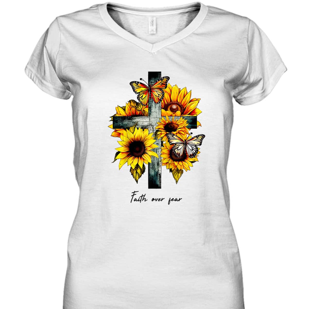 Faith Over Fear Cross Sunflowers Butterflies Christian T-Shirt