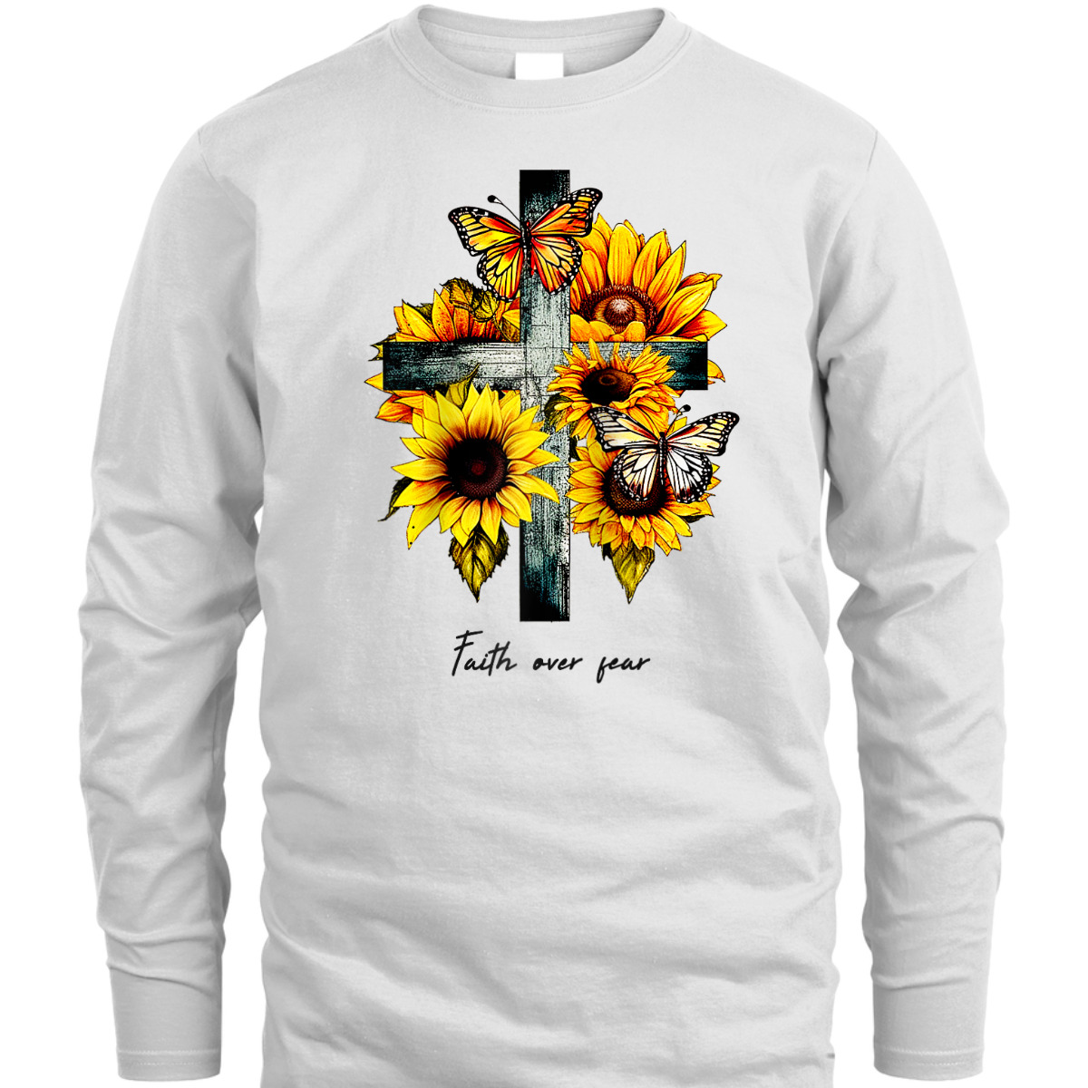 Faith Over Fear Cross Sunflowers Butterflies Christian T-Shirt