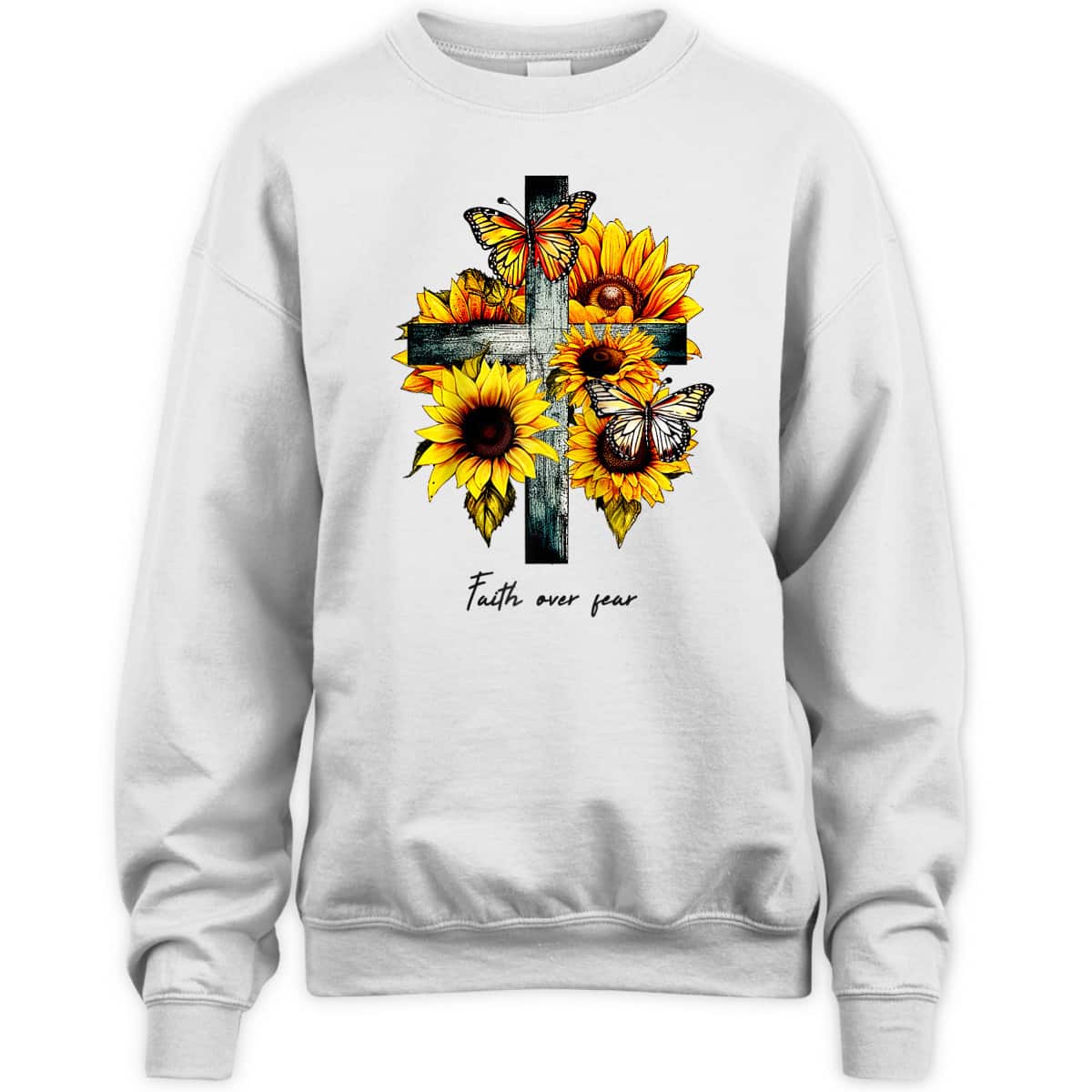 Faith Over Fear Cross Sunflowers Butterflies Christian T-Shirt