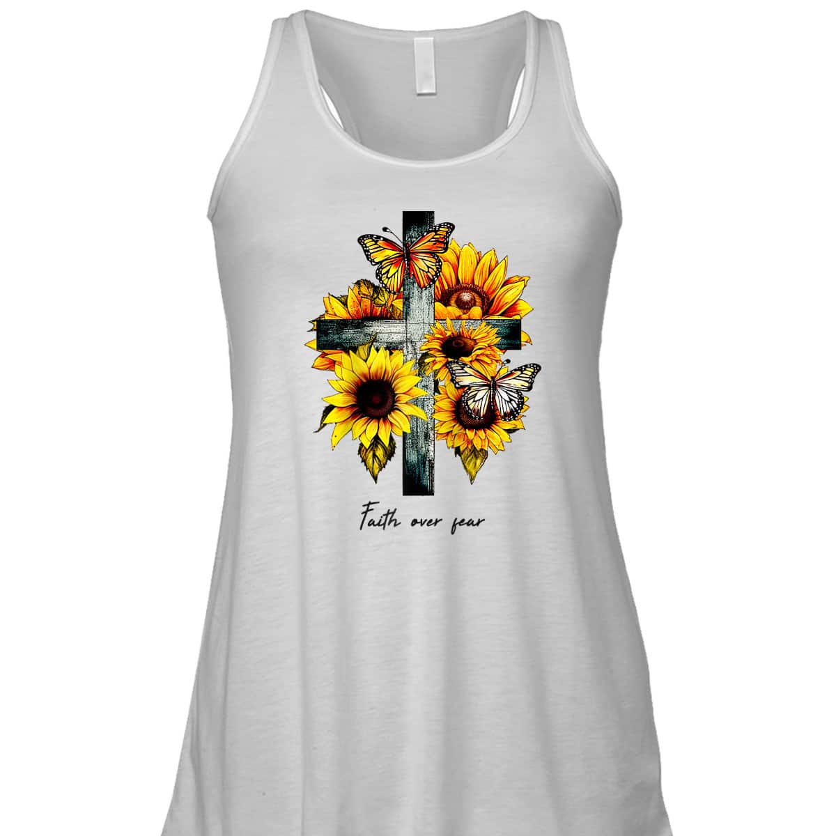 Faith Over Fear Cross Sunflowers Butterflies Christian T-Shirt
