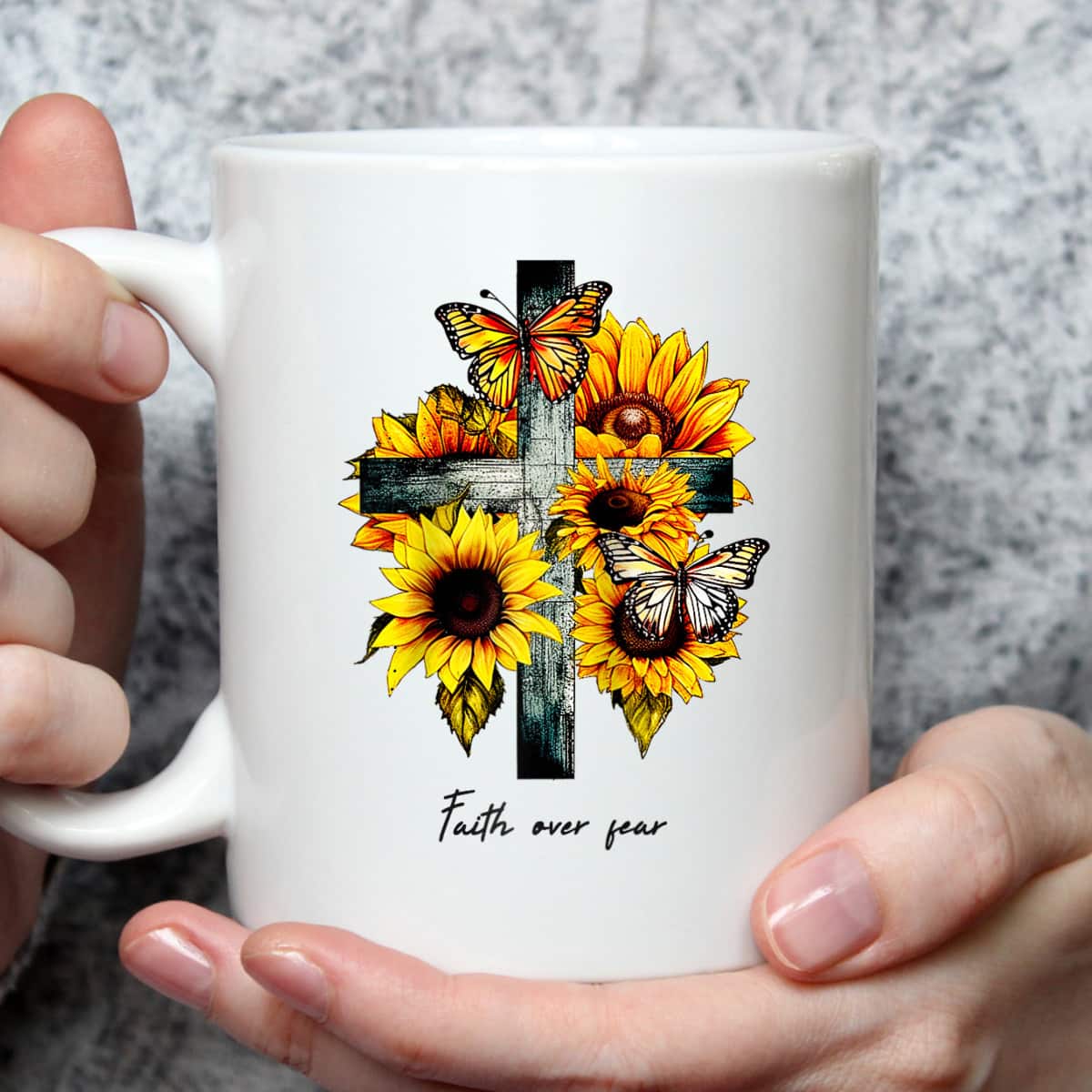 Faith Over Fear Cross Sunflowers Butterflies Christian T-Shirt
