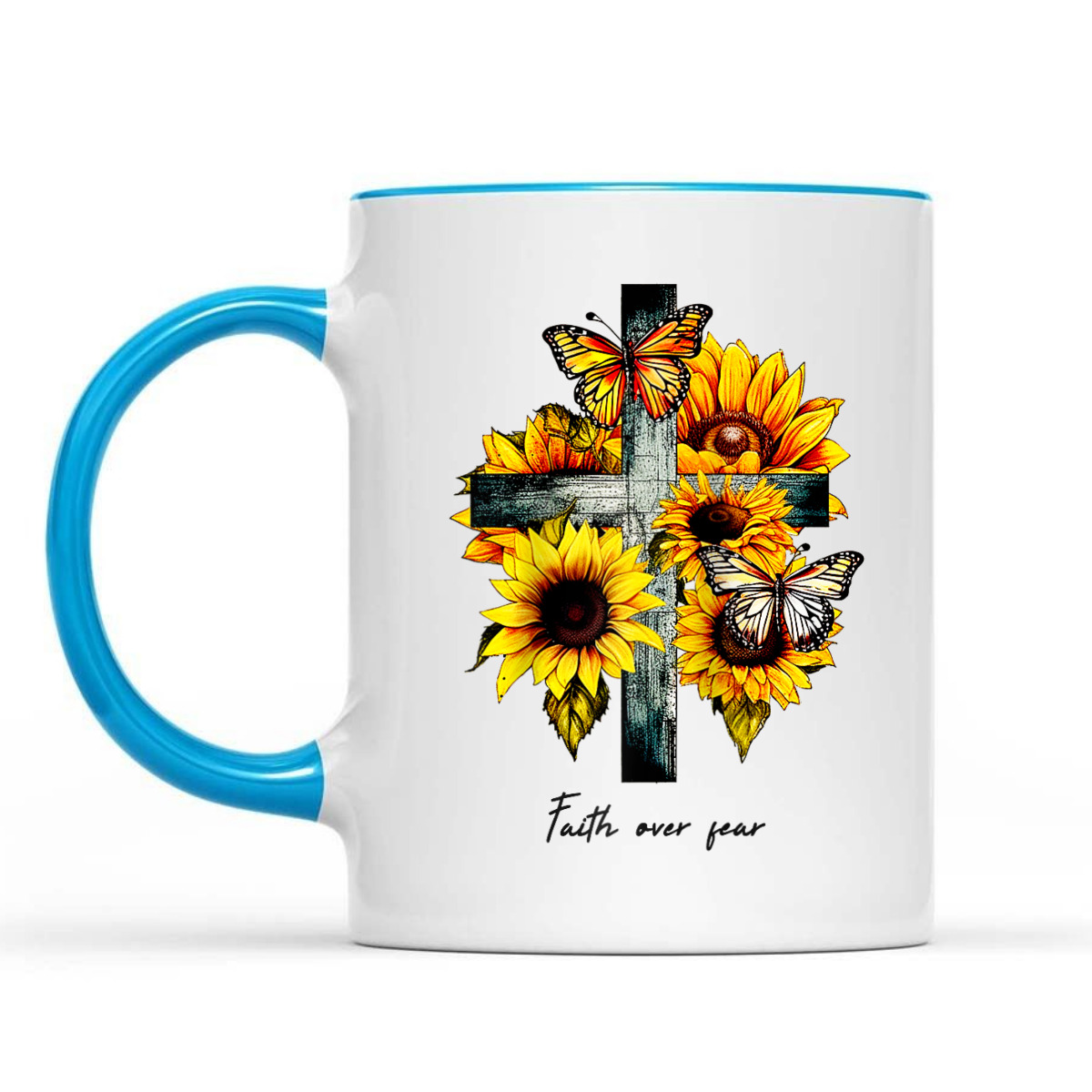 Faith Over Fear Cross Sunflowers Butterflies Christian T-Shirt