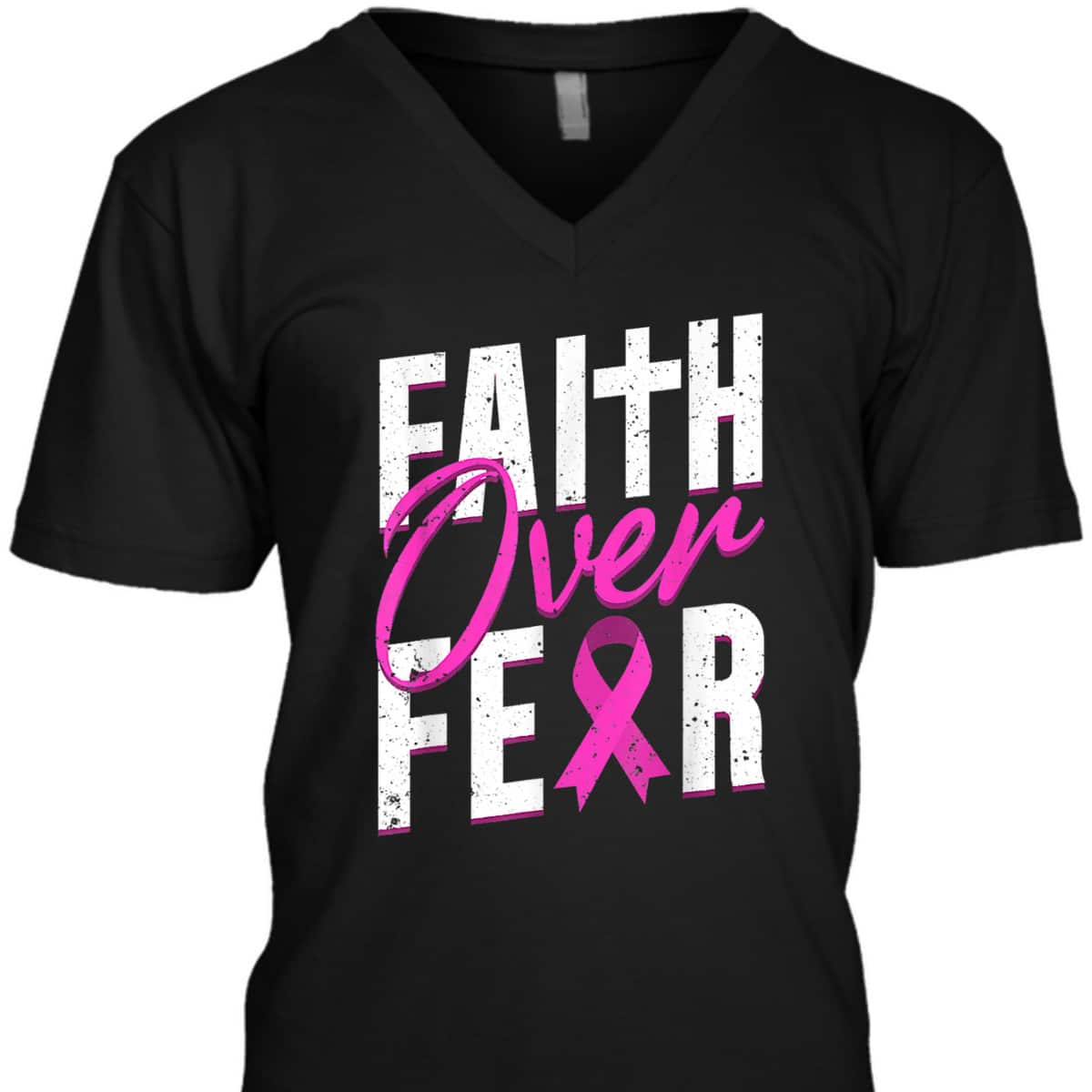 Pink Ribbon Christian Cross Faith Over Fear Breast Cancer Awareness T-Shirt
