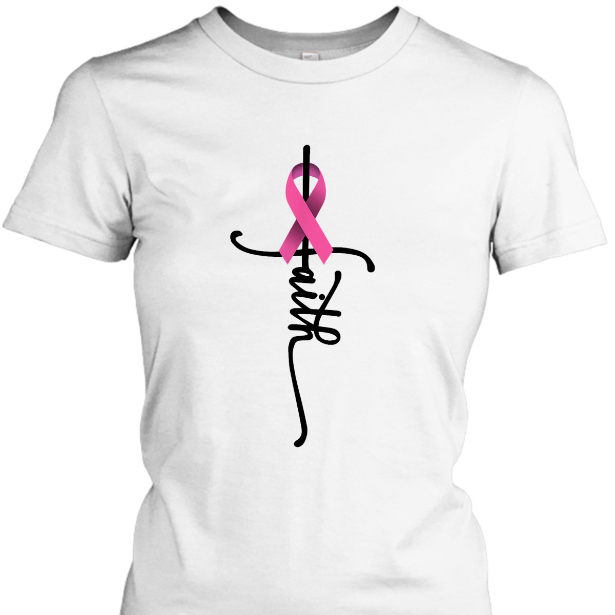 Christian Faith Pink Ribbon T-Shirt Cross Breast Cancer Awareness