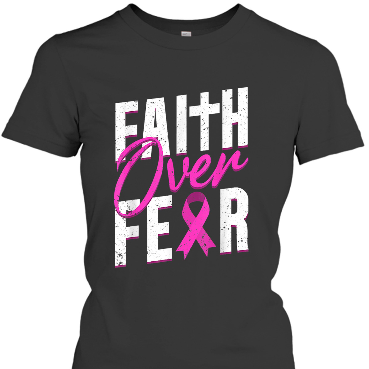Pink Ribbon Christian Cross Faith Over Fear Breast Cancer Awareness T-Shirt
