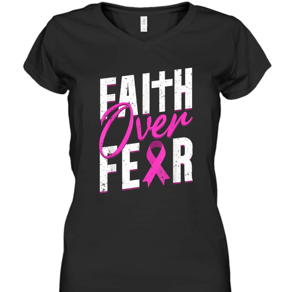 Pink Ribbon Christian Cross Faith Over Fear Breast Cancer Awareness T-Shirt
