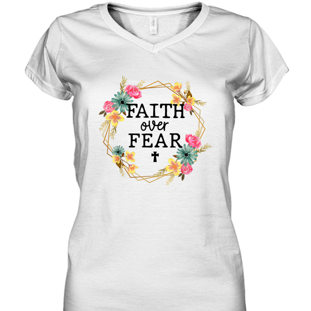 Faith Over Fear Floral Wreath Jesus Religion Christian T-Shirt
