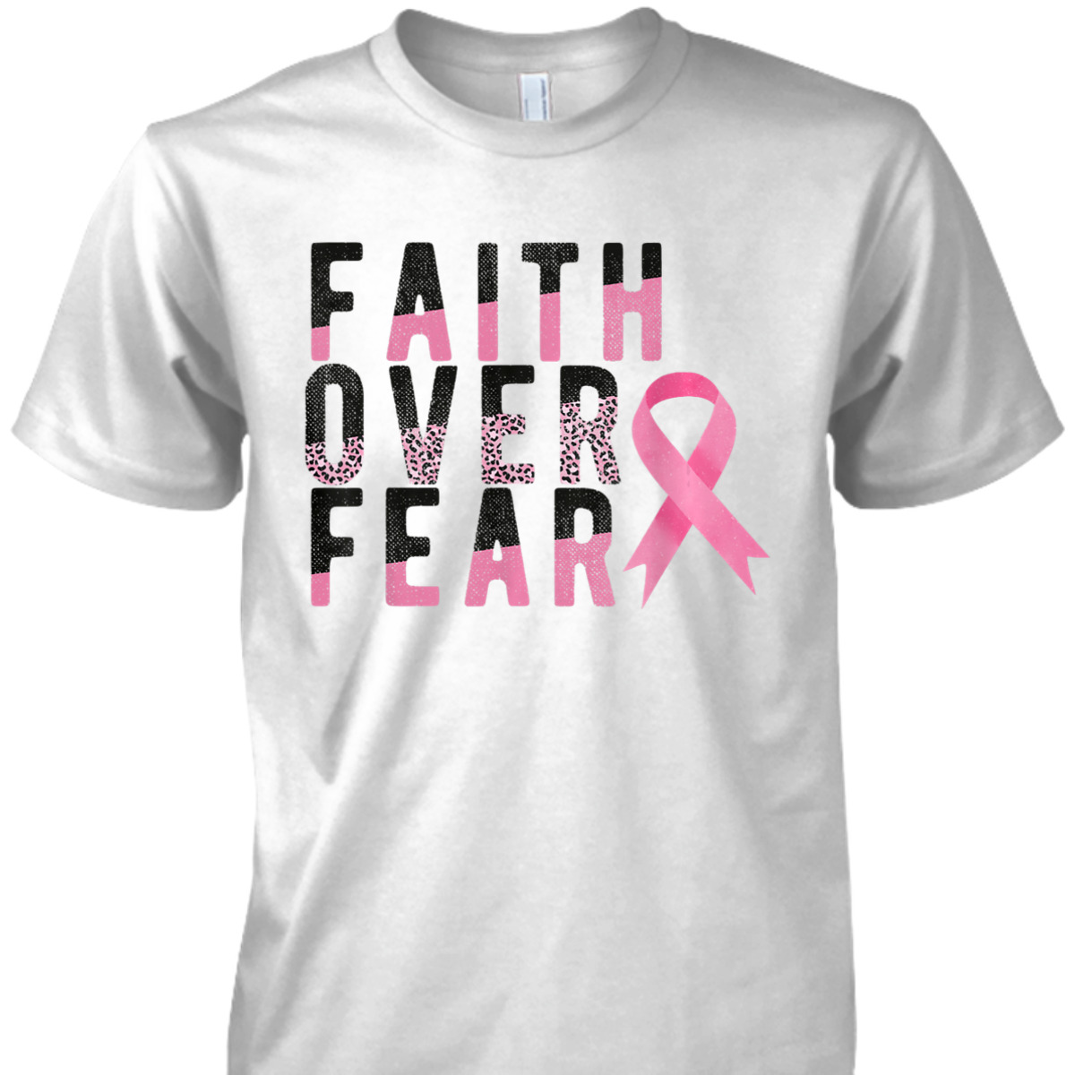 Breast Cancer Faith Over Fear Pink Ribbon Leopard T-Shirt